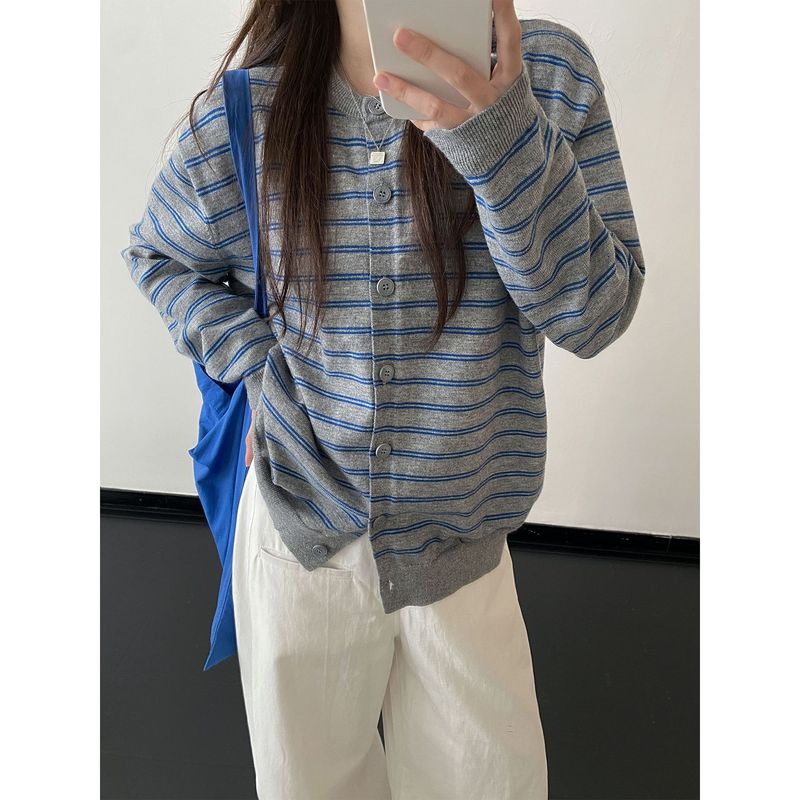 复古撞色条纹针织开衫2025秋冬新款宽松慵懒休闲女式毛衣上衣外套|undefined