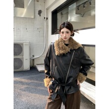 2026春新款复古辣妹毛毛翻领PU皮衣夹棉重工中长款系带机车外套女