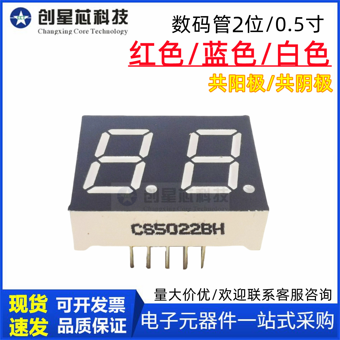 0.5寸二位白光数码管CS5022AW7.3CS5022BW白色LED显示5021AW/BW