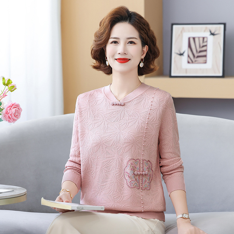 妈妈秋装国风旗袍领外穿小衫中老年人女内搭毛衣春秋季针织打底衫|undefined