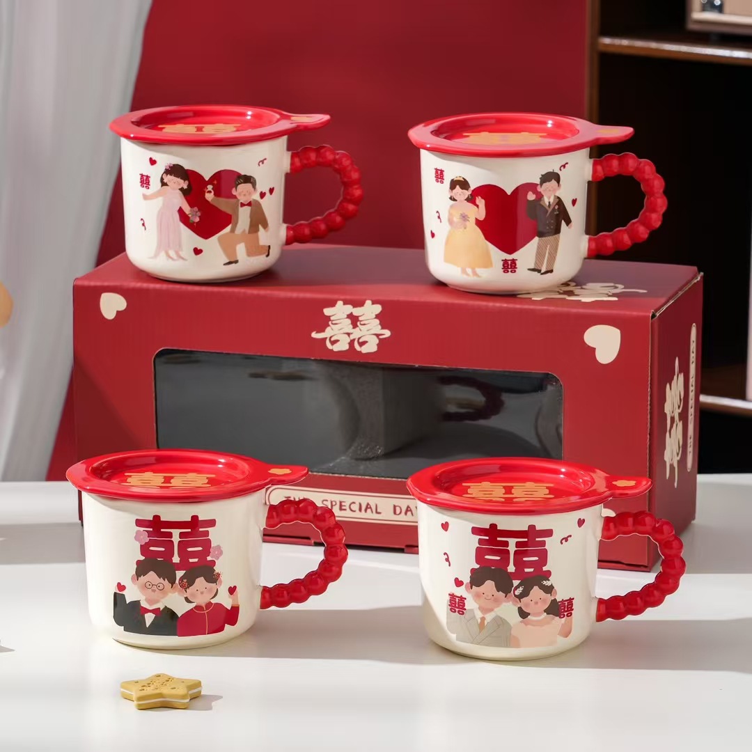 Taza de cerámica china para bebidas de boda creativa con taza de café casera con tapa