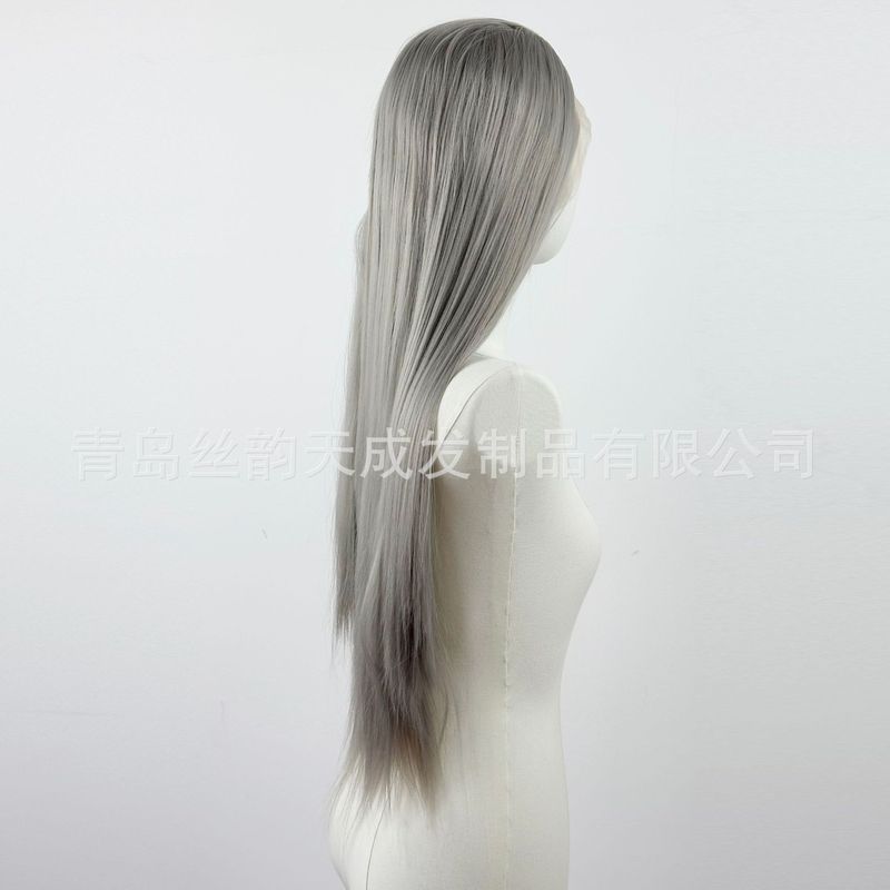 跨境新品13x4大蕾丝假发三尖高层次中长发鲻鱼头银灰色美人尖|undefined