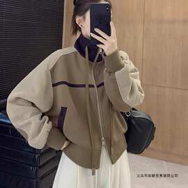 欧货长袖设计感撞色拼接立领流行时尚气质短款双拉链开衫上衣外套