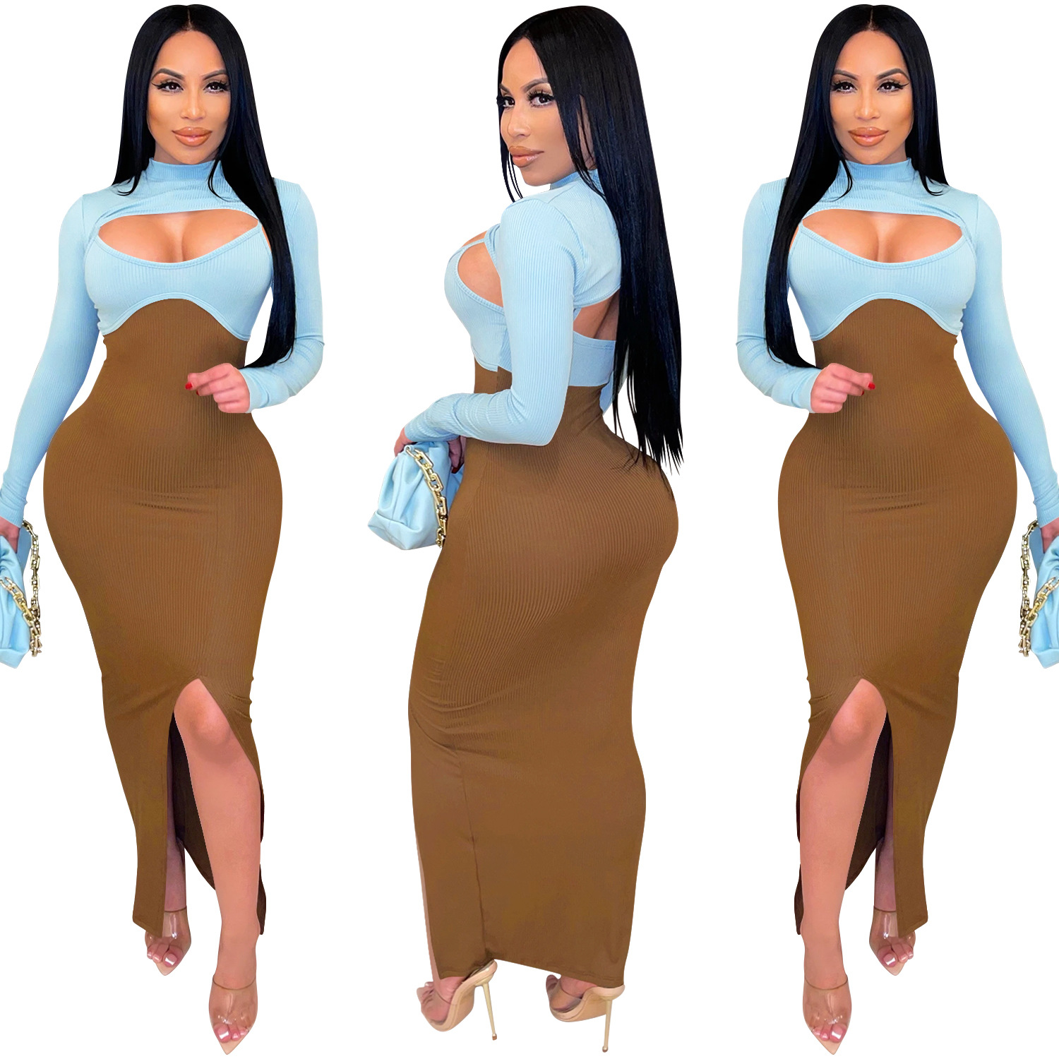 Long-Sleeved Slit Slim Sling Contrast Color Dress & Top 2 Piece Set NSFYZ113209