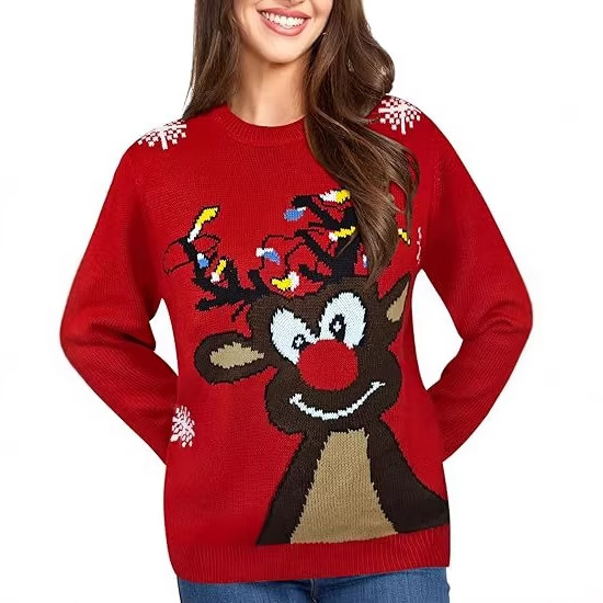 Manufacturer processes customized Christmas costumes for couples, cute reindeer three-dimensional sticky balls, ugly Christmas pullover sweaters