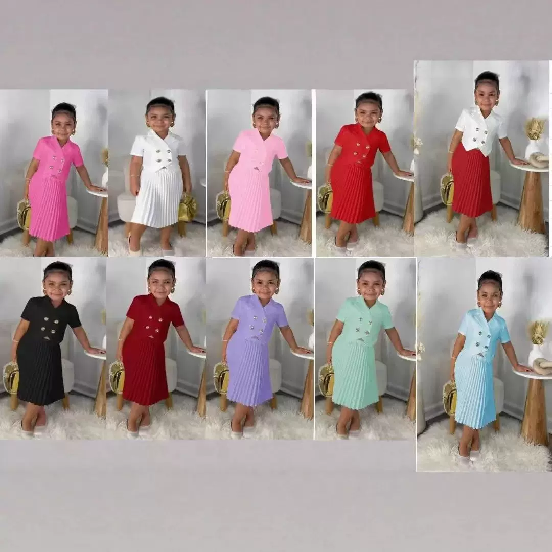 2025新品亚马逊欧美跨境女童时尚西装领+百折裙两件套厂家直销