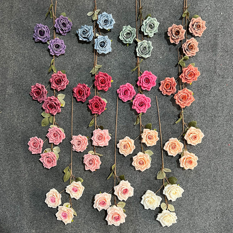 3つのプリントマンタローズ造花、家庭用リビングルーム用シルクフラワー装飾、フラワーアレンジメント、写真撮影小道具|undefined