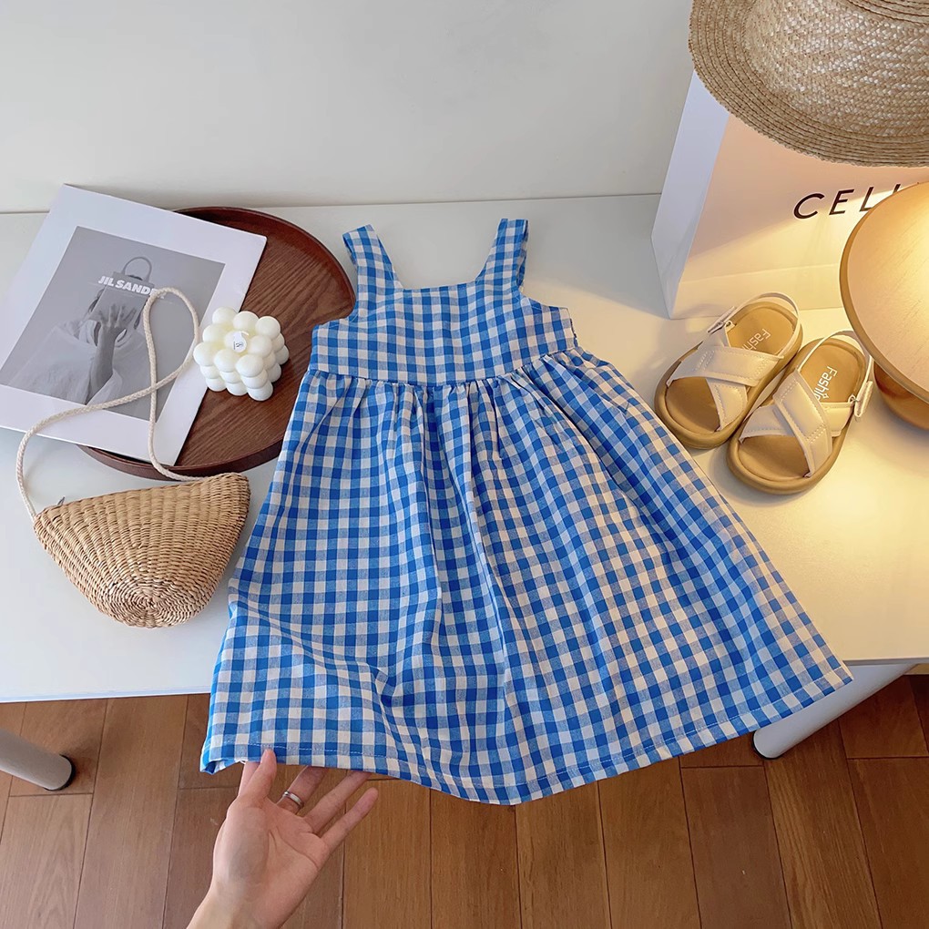 Girls' Dress Summer 2026 New Style Kidsren's Outerwear Cotton and Linen Princess Dress Little Girl's Stylish Blue Plaid Dress