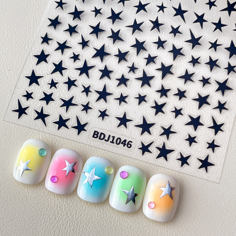 Nail Art Stickers Black and White Five-Pointed Star Popular Ins Style Gold and Silver Asymmetrical Five-Pointed Star Nail Sticker Decorations