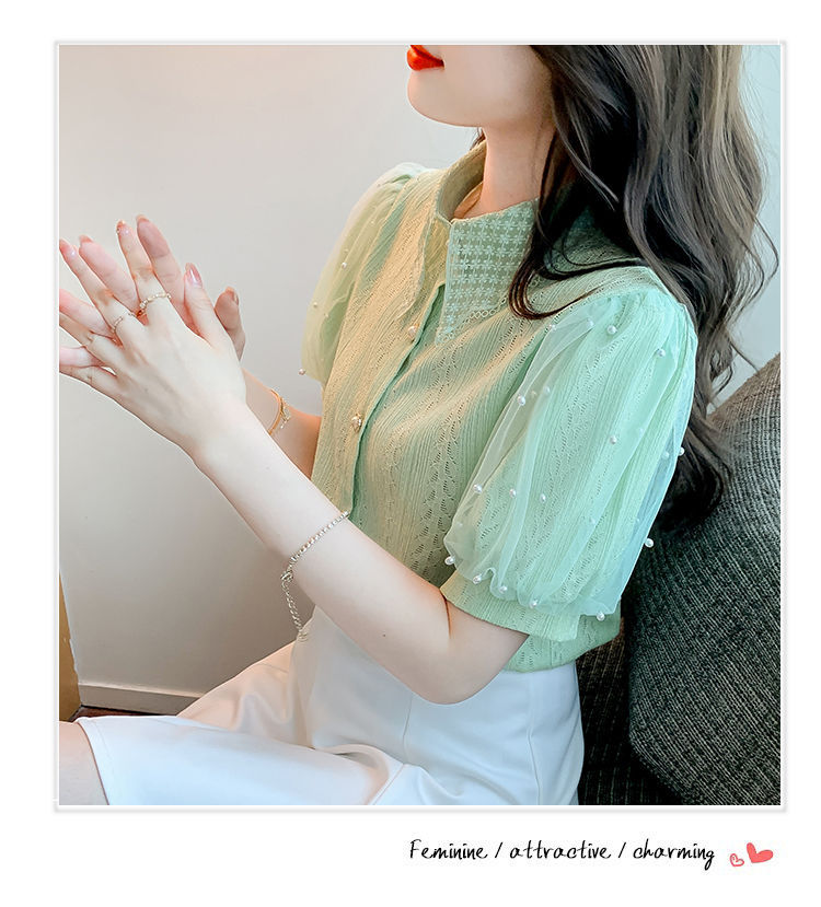 Camicetta da donna in pizzo con maniche a palloncino in rete con perline, cardigan estivo a maniche corte, top trasparente casual, abbigliamento da strada alla moda_voghion.com