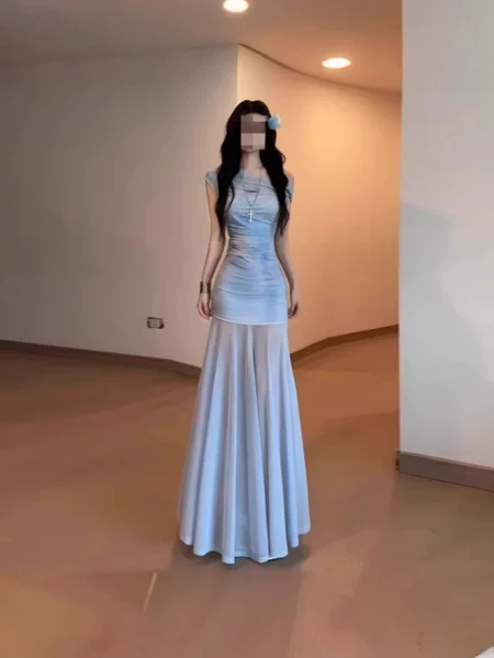 Blue Mesh One-Shoulder Dress for Women in Summer Seaside Vacation Pure Lust Elegant Slim Hip-Hugging Fishtail Long Skirt