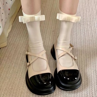 Carefully Selected White One-Word Bow Mid-Calf Socks for Women, Thin Jk Pile Socks, Sweet Girly Mary Jane Calf Socks