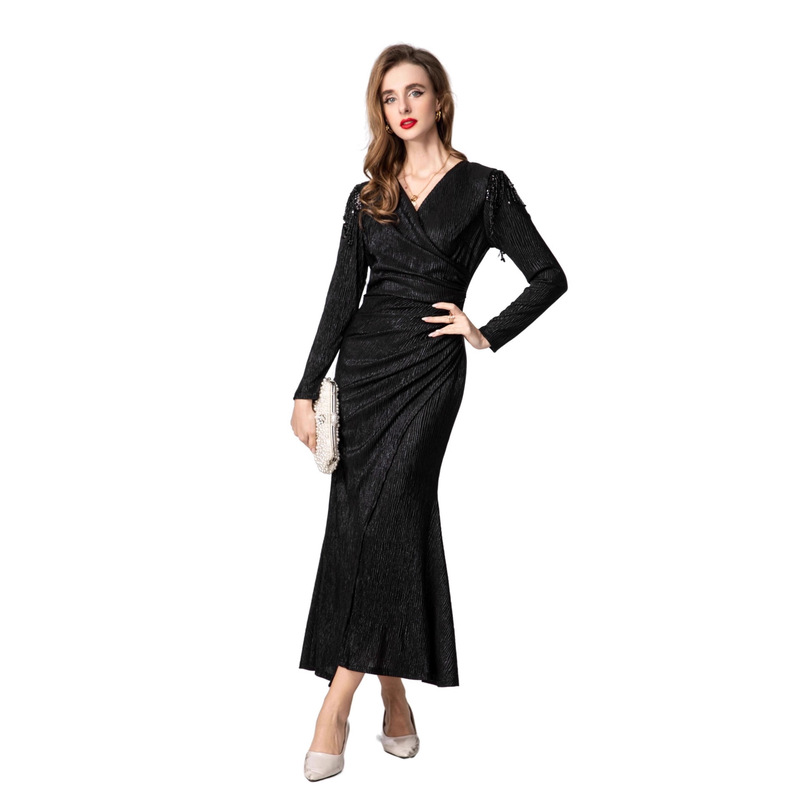 2025 Golden Glossy V-Neck Long-Sleeved Dress for Women, Waist Slimming Look Fishtail Skirt, Banquet Party Dress, Long Skirt