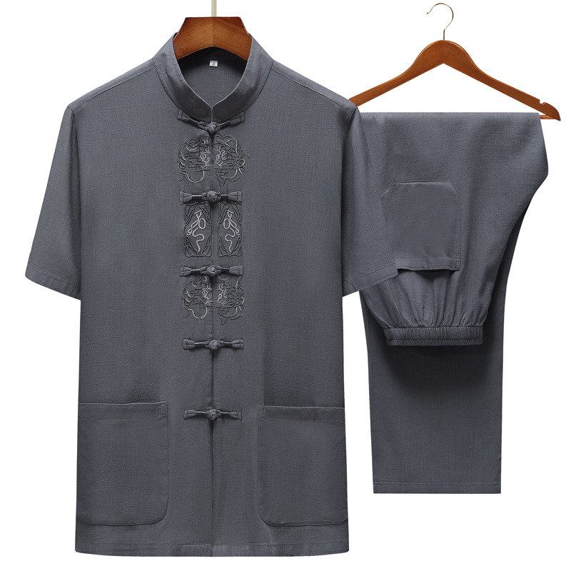 夏季亚麻唐装男短袖套装中国风中式汉服盘扣棉麻中老年男装爸爸装|ms