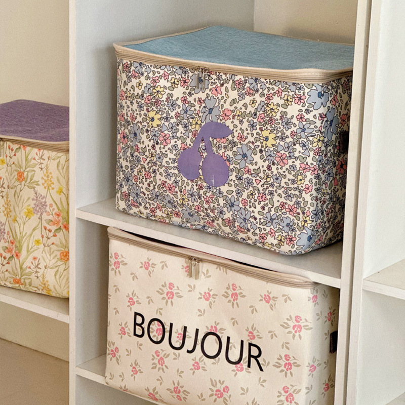 花柄生地家庭用ジッパー防塵収納バスケットワードローブ衣類収納ボックス洗える折りたたみジッパーバッグ寮