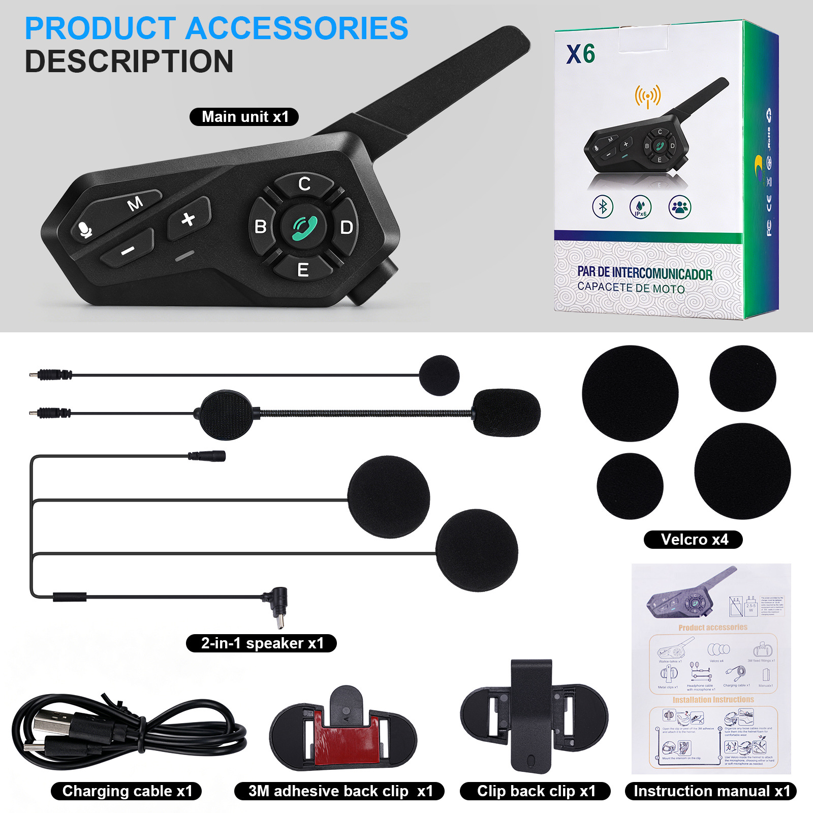 X6 Motorcycle Helmet Bluetooth Intercom 1500m Waterproof IPX6 Stereo Riding Headset