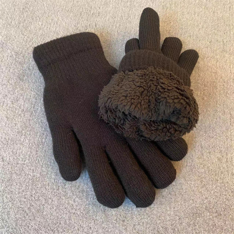 Fábrica al por mayor de lana de punto de doble capa engrosada de lana forrada caliente a prueba de frío guantes de dedo negro puro de algodón acolchado noreste grueso