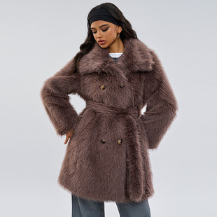 Amazon Cross-border Long Fur Coat Winter New Elegant brown Long Wool Imitation Fur Coat