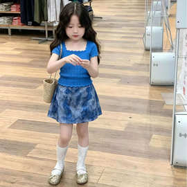 童装女童夏季2026新款中大童时髦炸街蓝色薄款晕染碎花裙两件套潮