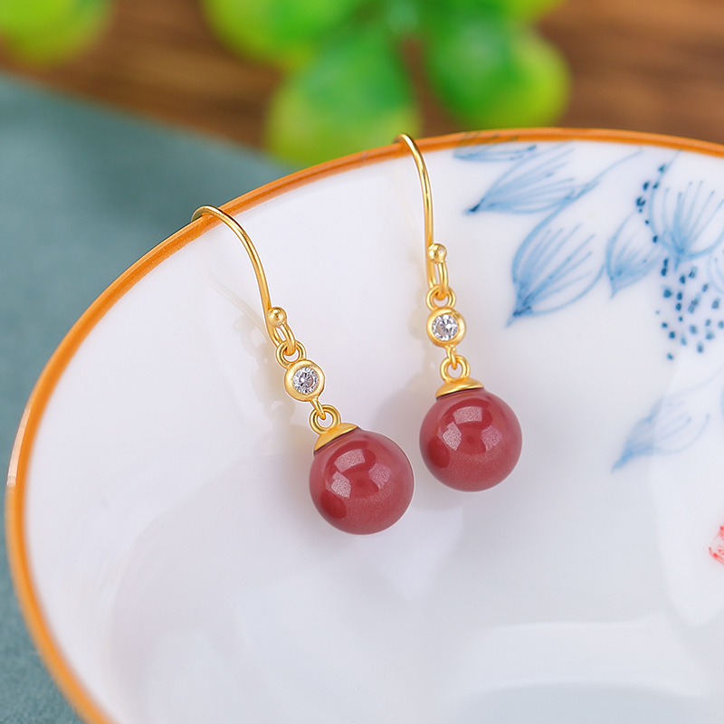 Bông tai móc bạc S925 hạt tròn Cinnabar phong cách cổ điển Trung Hoa — Một cặp
