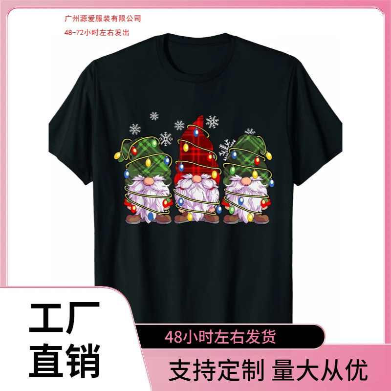 European Size Cotton T-Shirt for Men and Women, Christmas T-Shirt, Black Shirt with Three Buffalo Plaid Gnomes in Red Hats