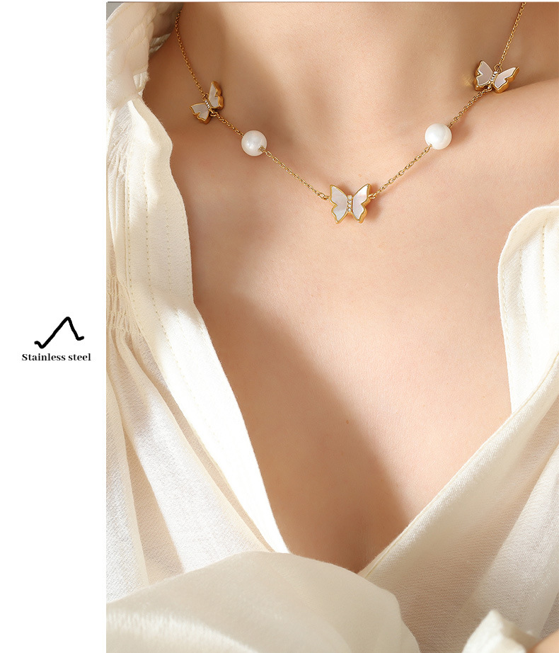 Elegant Butterfly Titanium Steel Necklace Plating Artificial Pearls Shell Stainless Steel Necklaces_colorza_5