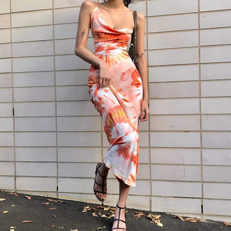 sexy Tie Dye print Backless sling Long Dress  NSLHC123474