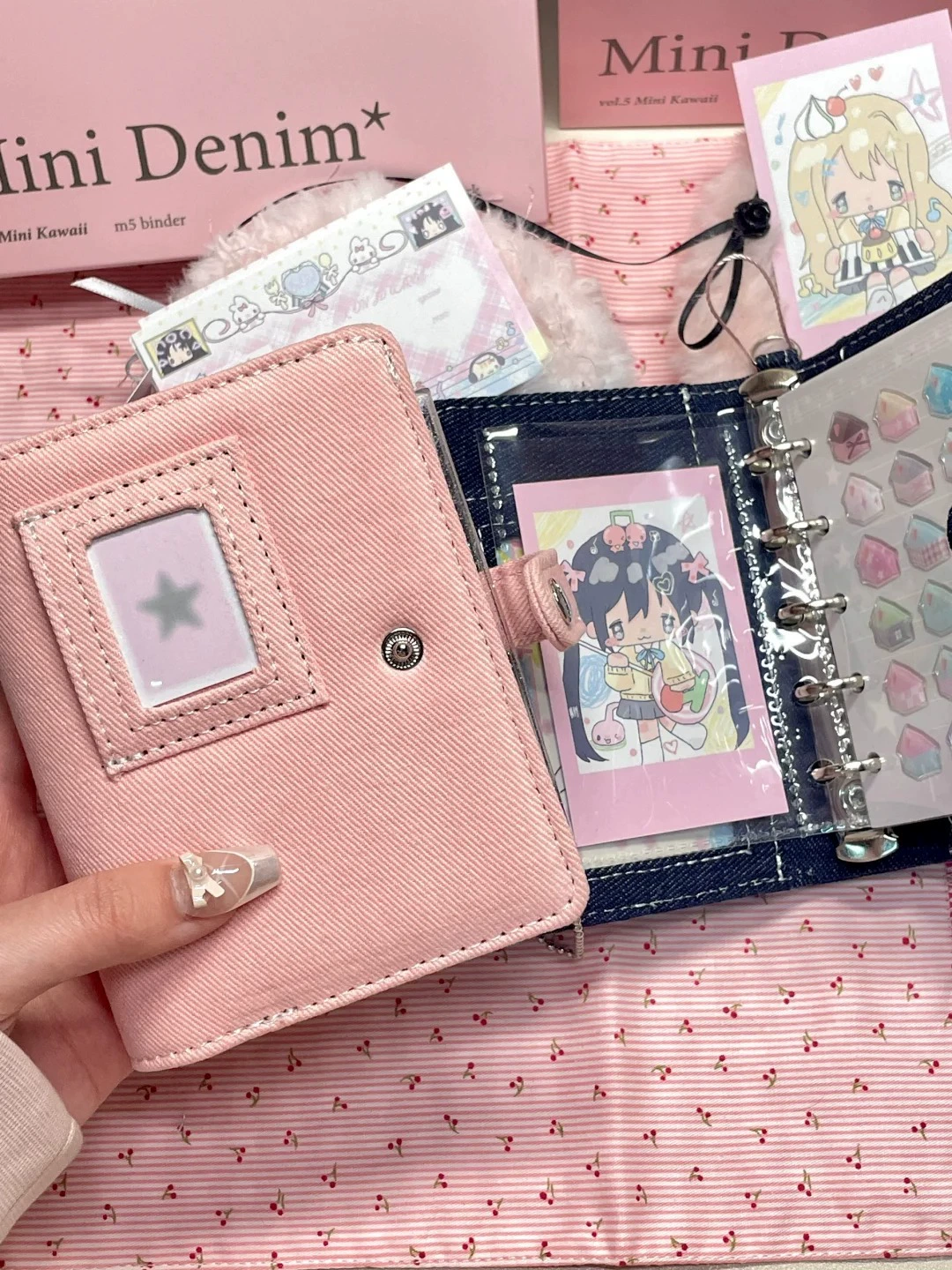 Denim pocketbook notebook Fuchsia, pocket card diary with tear-off pages, multi inner options