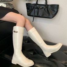 葡萄妈同款 牛皮版长筒靴女骑士靴锁扣英伦风粗跟厚底真皮高筒靴