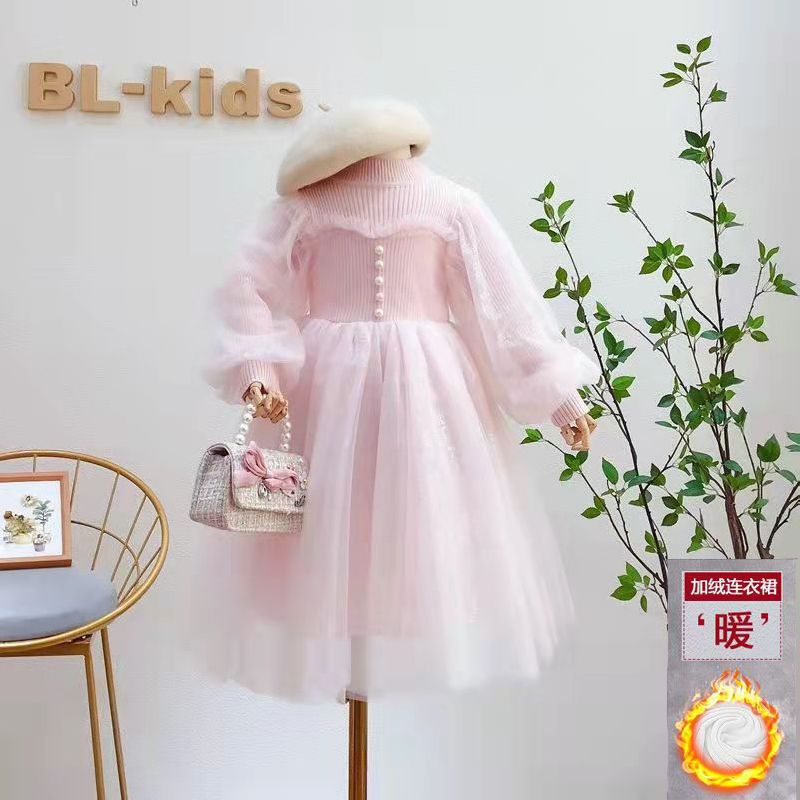 Vestido de princesa Coreana de las niñas 2023 otoño malla linterna manga costura estilo occidental de los niños vestido esponjoso de punto