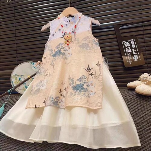 2025 Western-style girls 'cheongsam summer new children's Chinese printed dress long dress baby China style dress