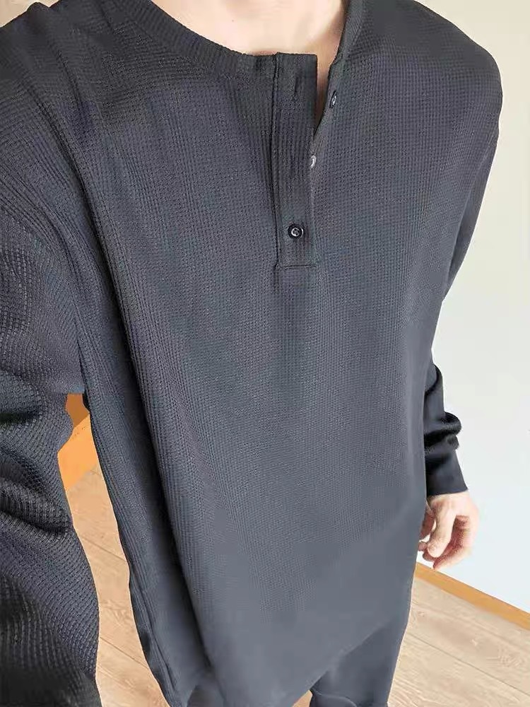 New waffle long sleeved T-shirt for men in spring and autumn vintage Henry collar, loose casual base shirt_voghion.com
