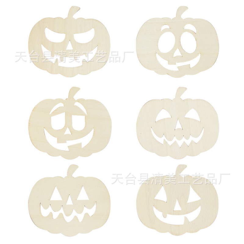 Seis piezas de madera de Halloween decoración de dibujos animados mueca calabaza pintura de piezas de madera cara sonriente artesanía de madera de bricolaje