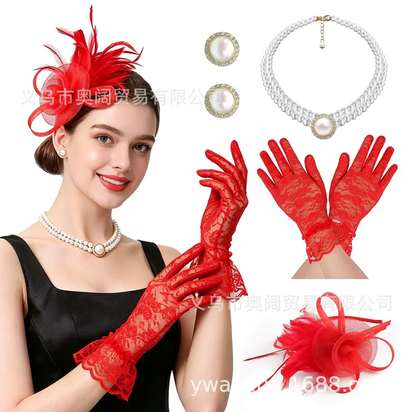 Amazon Feather Headpiece Set European and American Bridal Headwear Gloves Necklace Hair Accessories Headpiece Set Horse Racing Festival Headpiece