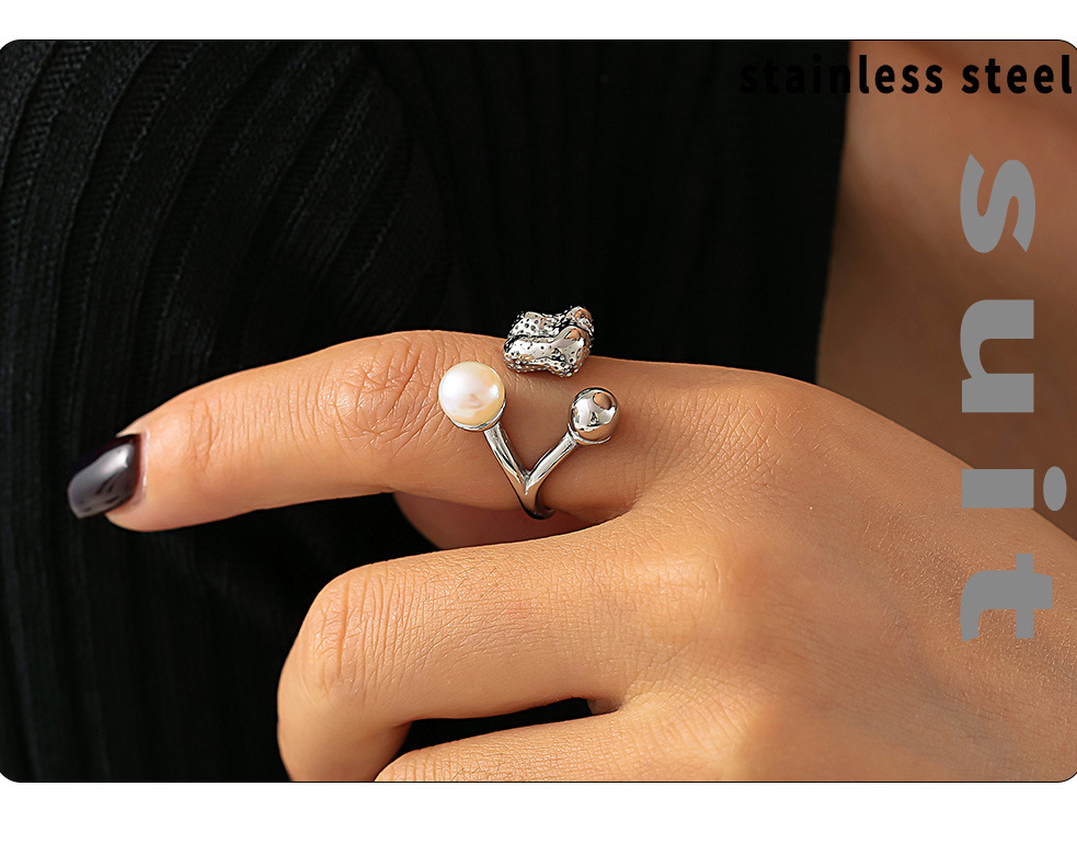 Quadratischer Zuckerring aus Titanstahl mit offener Öffnung und Imitationsperle, glatter, kugelförmiger, personalisierter Ring_voghion.com