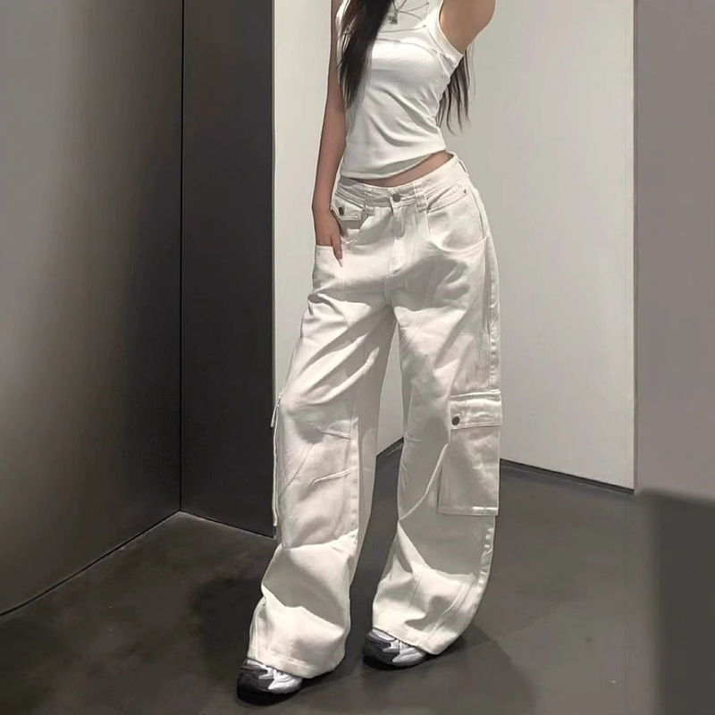 American-style Vibe Heavy Industry Design White Tooling Jeans Women's New High Waist Slimming Wide Leg Loose Trousers