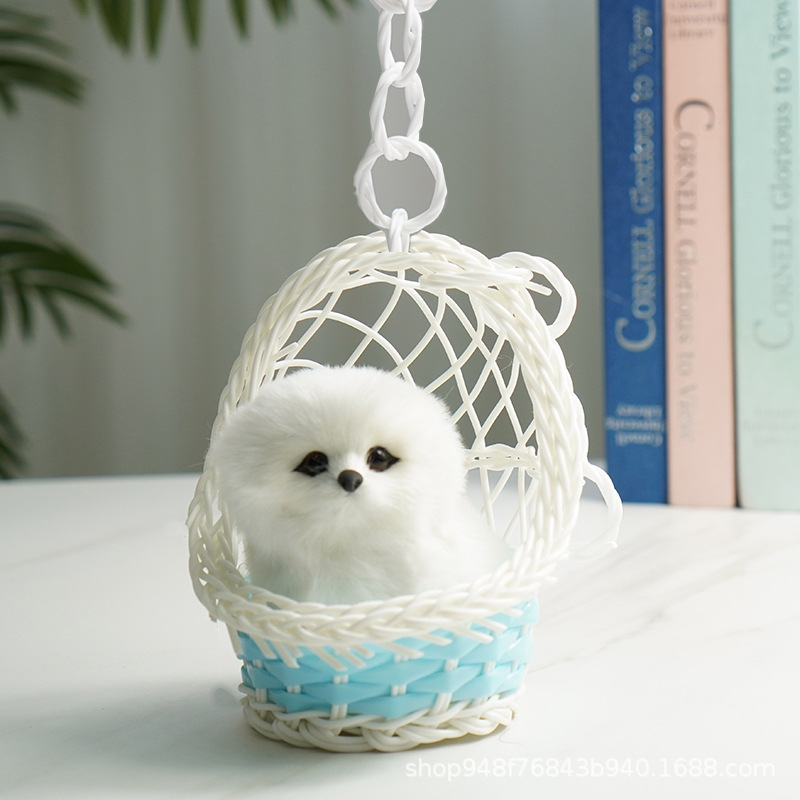 파란색 교수형 바구니 + 흰색 개가 짖습니다