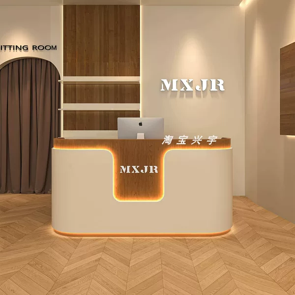 Smart vintage-style clothing store checkout counter, beauty salon reception desk, barber shop front desk, yoga studio bar counter, lacquered table