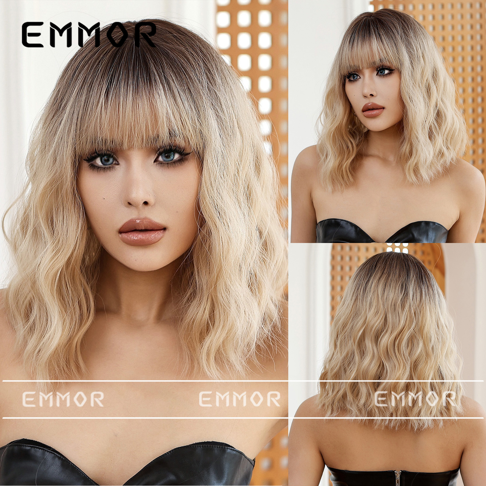 Gradiente transfronterizo europeo y americano, flequillo de oro blanco, rizado corto, rizado, rollo de lana, peluca perezosa de nivel natural, tipo de cabello completo