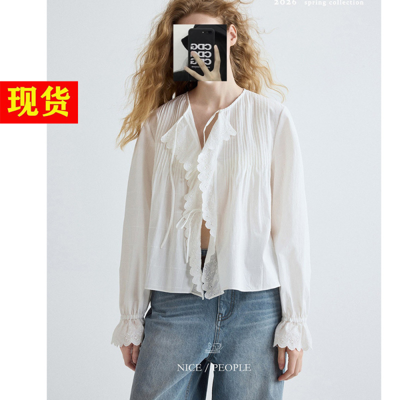 Nice People2026Ss French-Style Embroidered Lace Shoulder Tuck Relaxed Cotton Tie Shirt Nice People2026Ss French-Style Embroidered Lace Shoulder Tuck Relaxed Cotton Tie Shirt