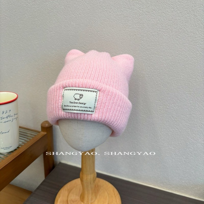 儿童帽子冬季卷边加厚保暖帽可爱猫耳朵字母贴布男女宝宝毛线帽潮|undefined