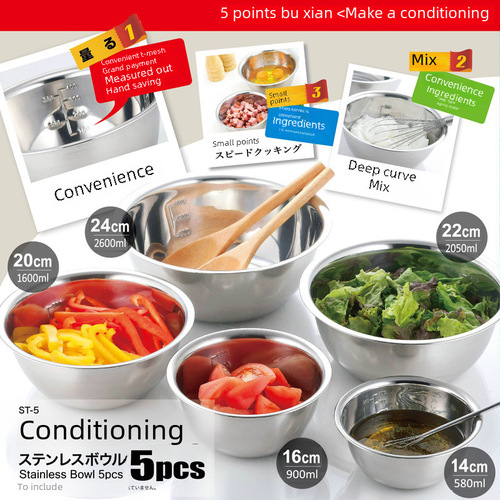 Picnic BBQ Stainless Steel Bowl 5-Piece Set Camping Portable Large Soup Bowl Rice Bowl Outdoor Household Kitchen Cookware
