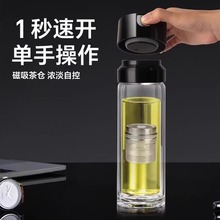 一键开盖双层玻璃杯茶水分离磁吸水杯2025新款磁弹男士泡茶杯子