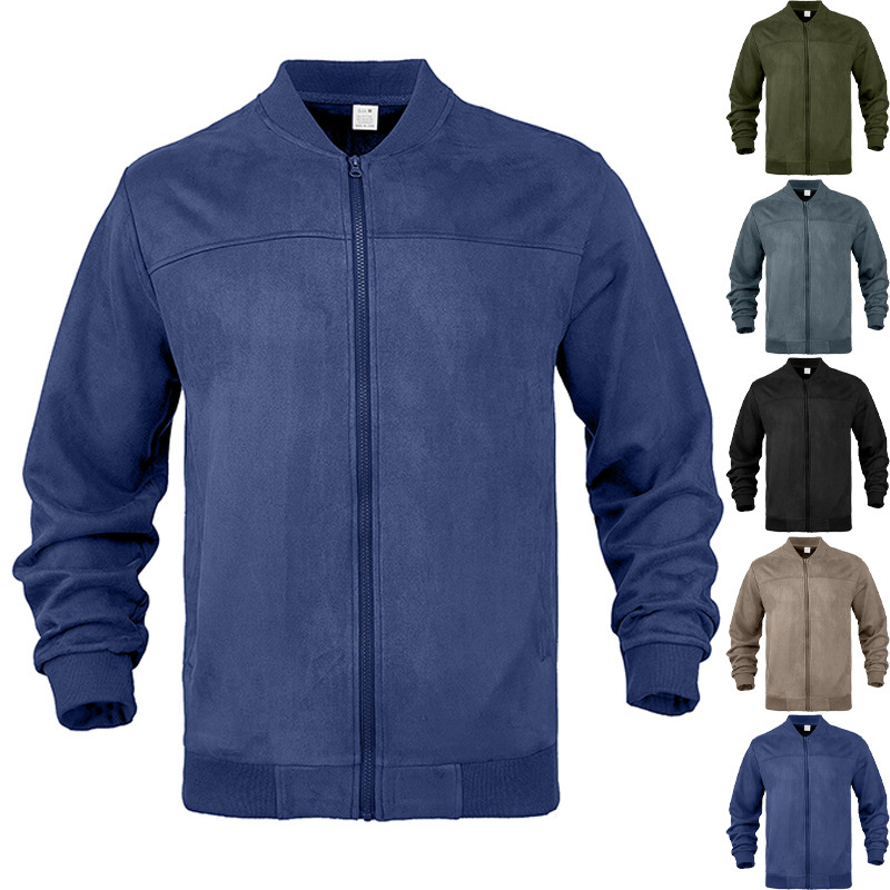 Cross-Border European and American Men's Suede Solid Color Casual Sports Stand Collar Zipper Jacket Plus Size Long Sleeve Cardigan