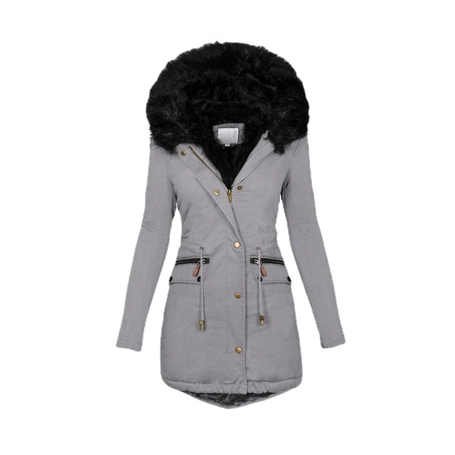 Transfronterizo deseo Amazon ropa de mujer europea y americana de otoño e invierno de color sólido Cuello de piel con capucha de longitud media cálido abrigo de algodón acolchado para las mujeres