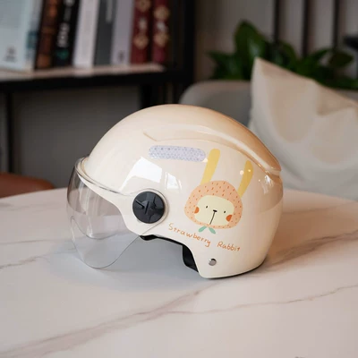 New National Standard 3C Certified Electric Vehicle Helmet, Cute Female Model Electric Vehicle Safety Helmet, Universal Motorcycle Half Helmet for All Seasons (Motosiklet kaskı (dəbilqə)) - 802m-white-strawberry-rabbit-transparent-short-mirror-3c-certification-one-size