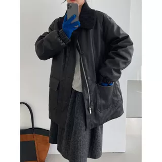 那末时髦复古pu针织领保暖羽绒服女翻领气质宽松中长皮衣外套2682