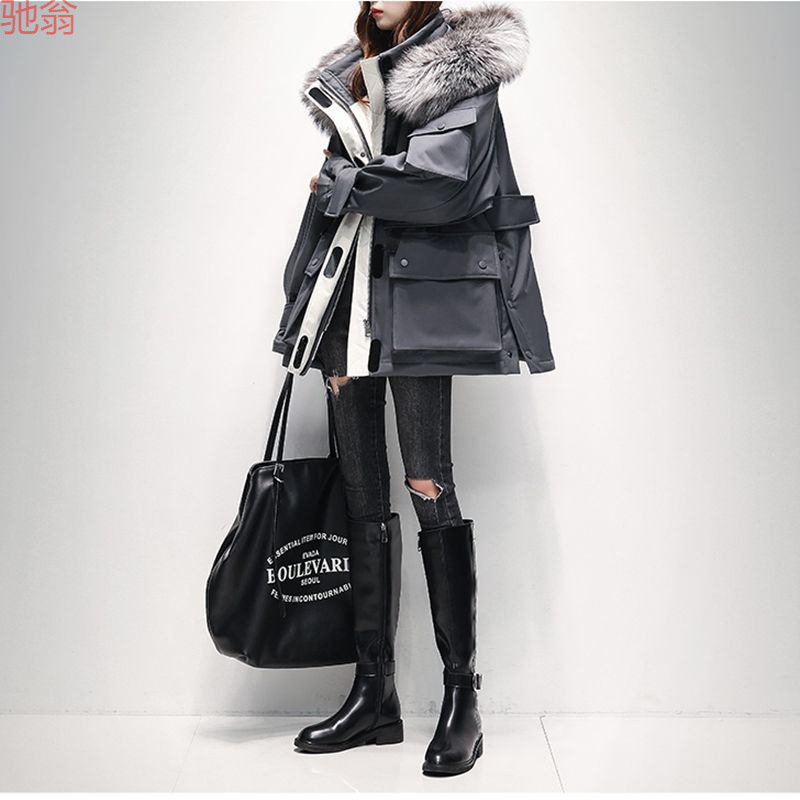 Y9Z Parker Down Jacket Women's Mid-length High Collar 2024 New Winter Really Large Wool Collar White Duck Down Profile Tooling