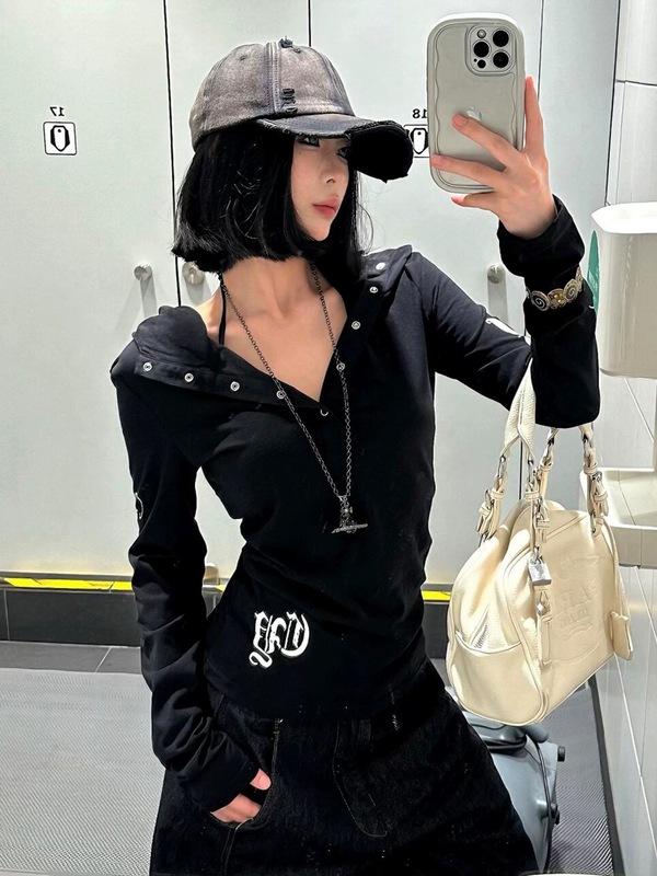 美式朋克哥特风长袖连帽t恤女秋季新款防晒罩衫修身显瘦薄款卫衣|undefined
