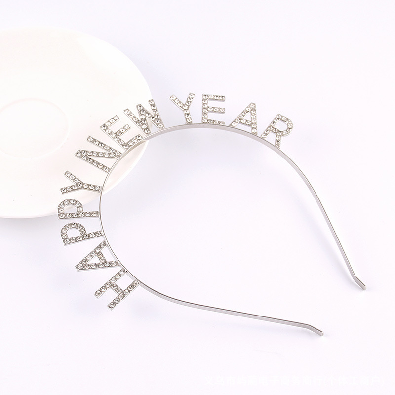 Feliz Año Nuevo decoración de cabeza de banda de cabello letras feliz año nuevo aleación de diamante de banda de cabello fiesta de cabeza